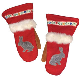 INDIGENOUS Real Fur Trim Moosehide Felted Bunny Rabbit Mittens Gloves Vintage